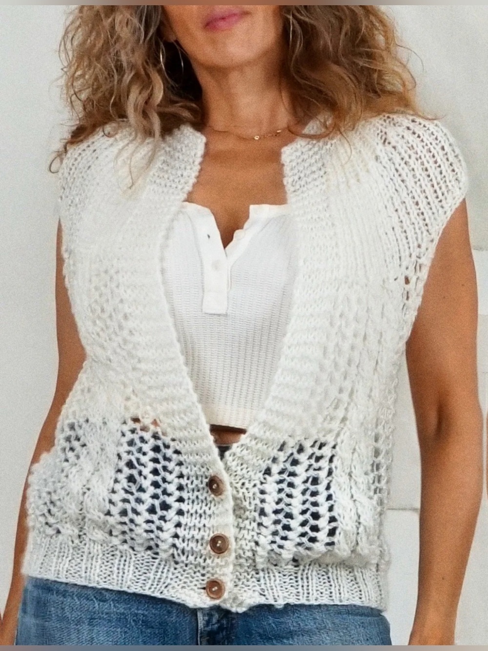 Vintage Y2K Donagain Knit Crochet Sweater Button Vest Cottagecore Coquette Sz S